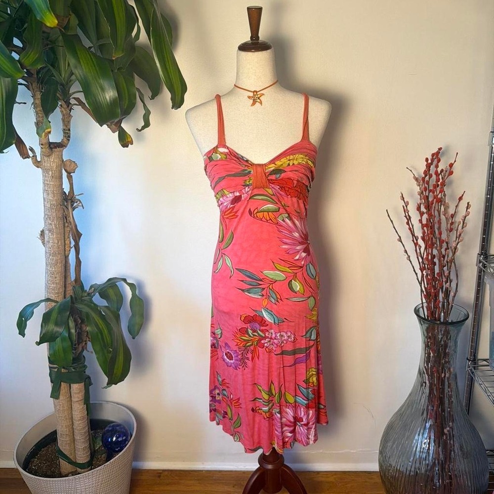 Y2K Coconut Girl Pink Floral Babydoll Midi Dress Summer Beach Boho Medium